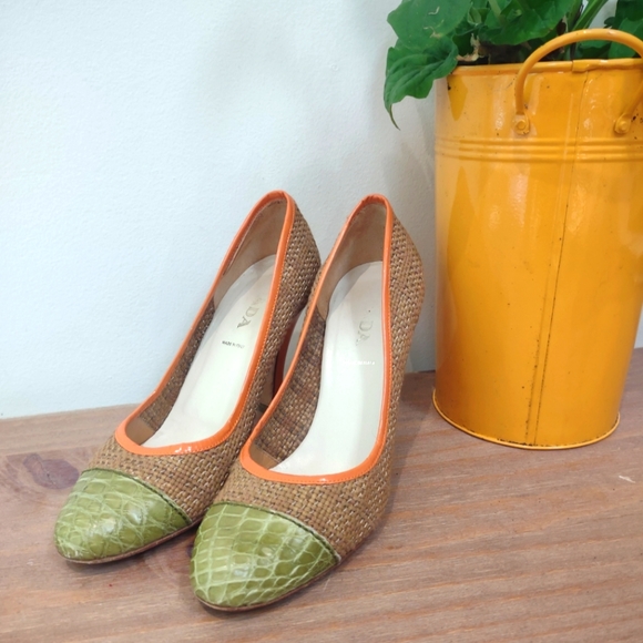 PRADA woven color block orange and green leather trim pumps 35 $645 - Picture 1 of 7